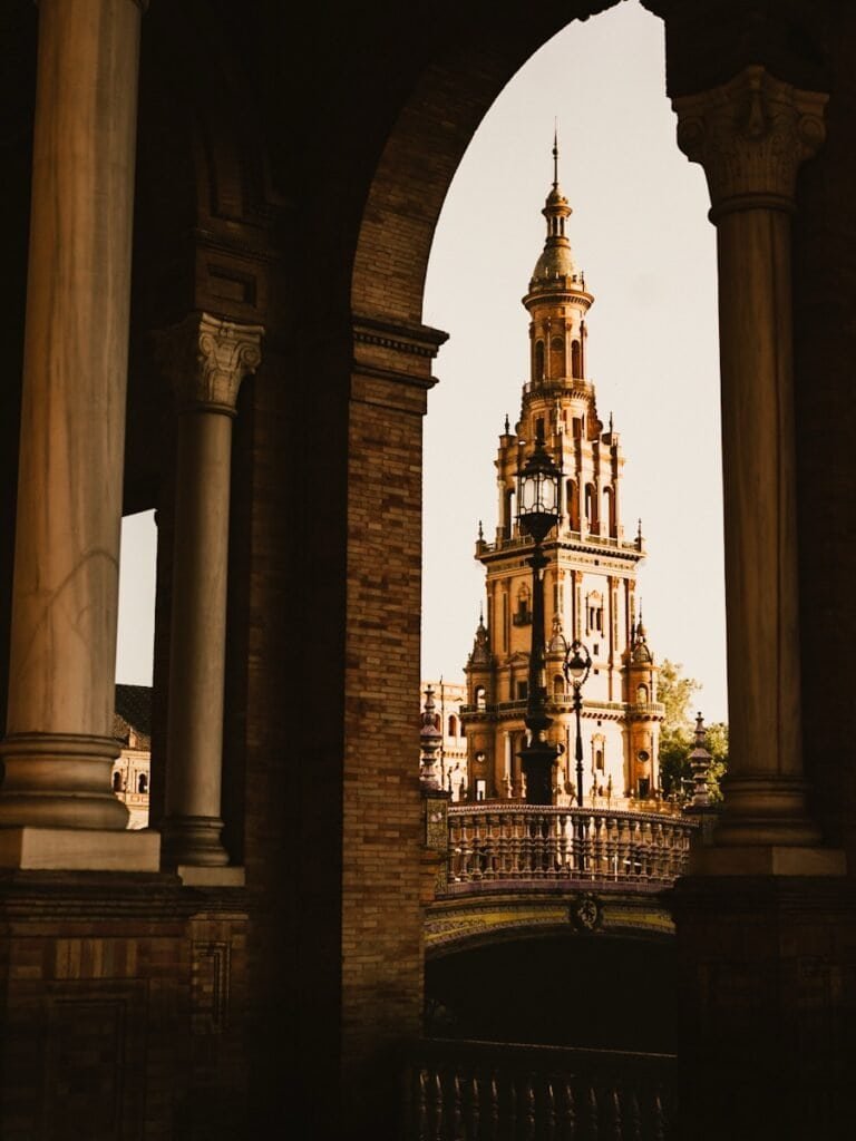 A view of the Plaza de Espana at sunset in Seville Spain